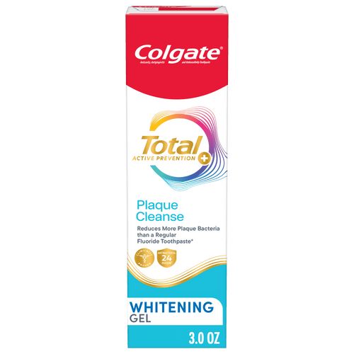 Tall box of Colgate Total Active Prevention Plaque Cleanse whitening gel with colorful logo and 3.0 oz callout