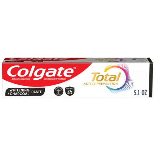 Colgate Total Active Prevention whitening + charcoal toothpaste box showing brand logo and 5.1 oz marking