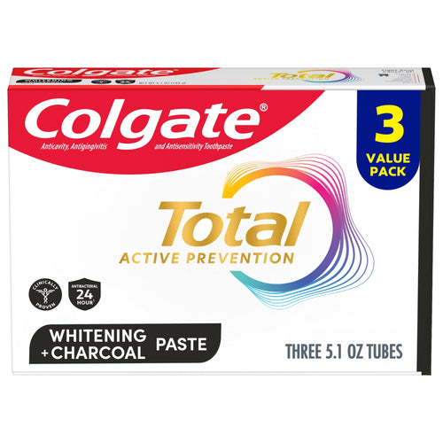 Single Colgate Total Active Prevention Whitening + Charcoal three-tube value pack box