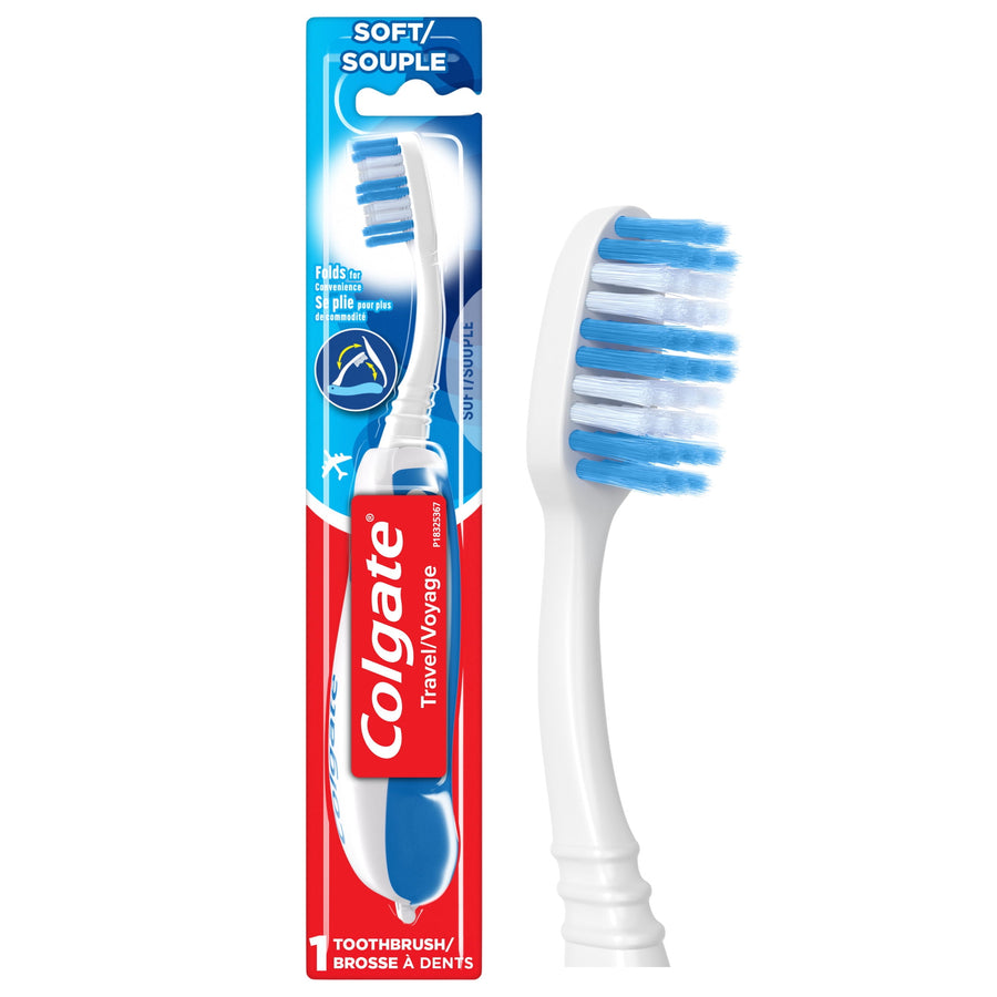 Colgate travel toothbrush in blister pack with white handle, blue bristles and red Colgate logo on card