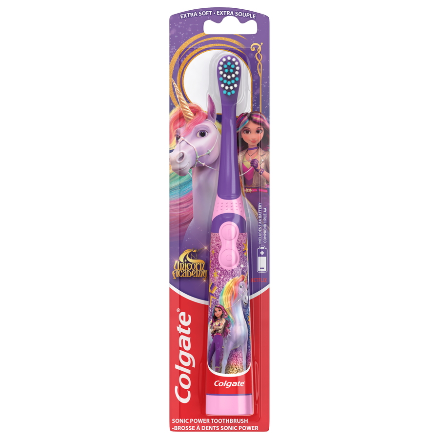 Colgate Unicorn Academy kids sonic power toothbrush in purple and pink packaging with unicorn character artwork on blister card.