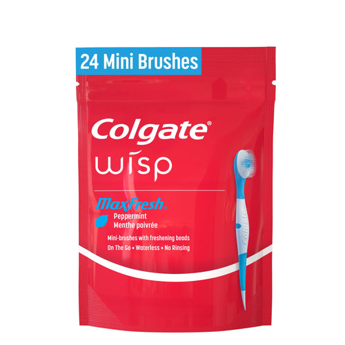 Red resealable Colgate Wisp pouch labeled '24 Mini Brushes' with an image of a blue-and-white mini toothbrush on the front.