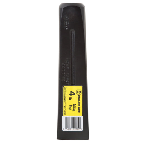 Top-down view of a black Collins 4 lb splitting wedge with a yellow product label near the blade