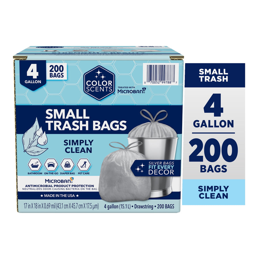 Color Scents branded retail box for 4-gallon small trash bags with Microban, 200 bags and product icons