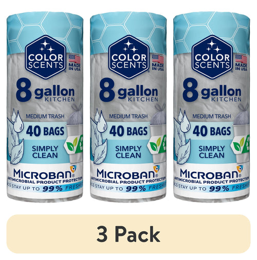 Three vertical rolls of Color Scents 8-gallon kitchen trash bag packaging with Microban and Simply Clean labeling
