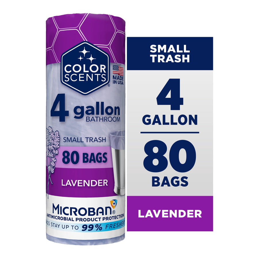 Rolled Color Scents lavender bathroom trash bag package showing 4 gallon, 80 bags, Microban logo and lavender graphic