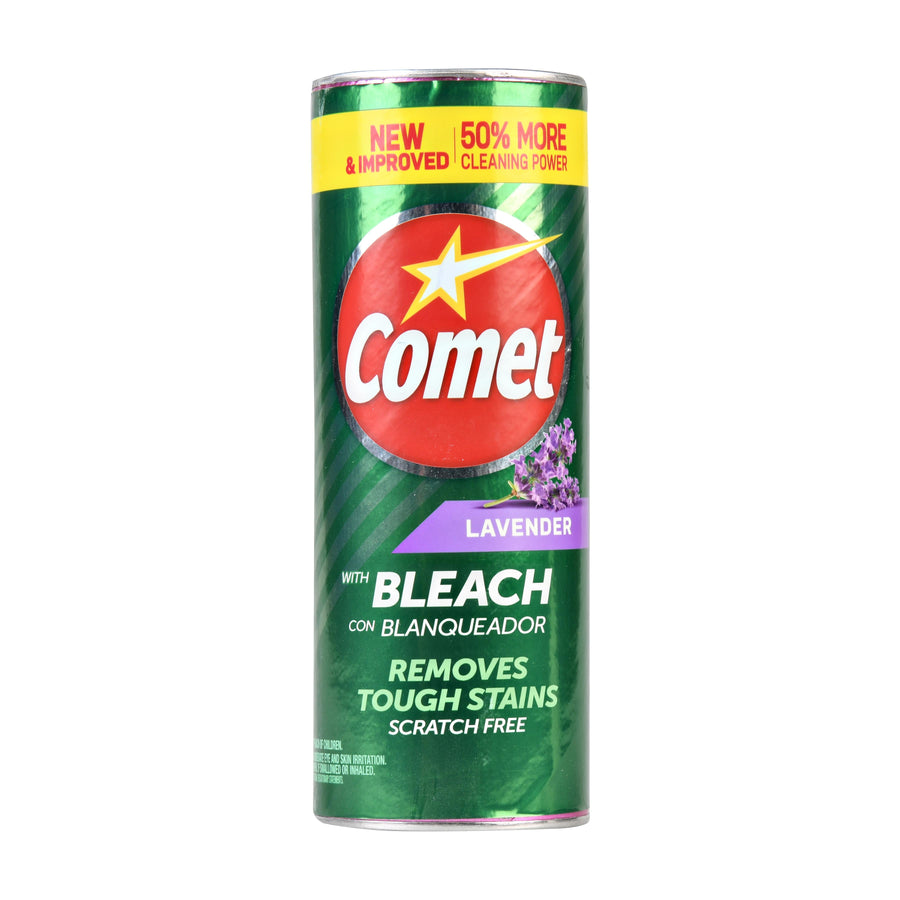 Tall green Comet powder can labeled lavender with prominent red logo and bleach callouts on a white background.