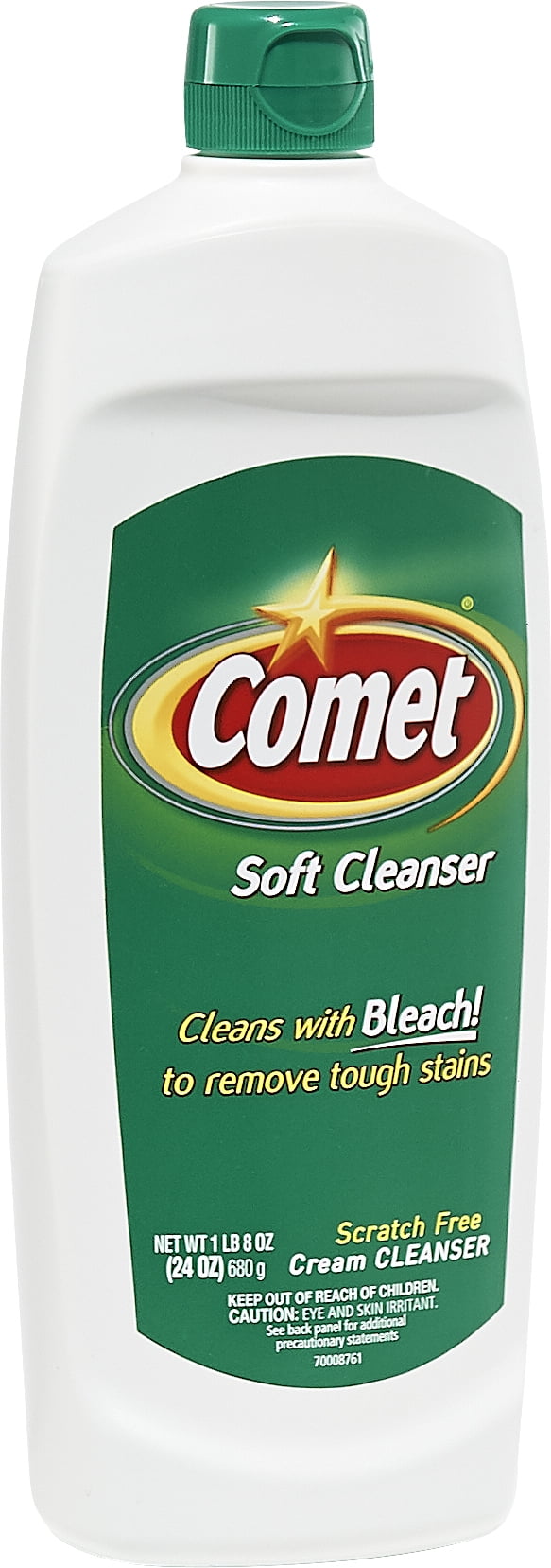 Tall white plastic bottle of Comet Soft Cleanser with green label and cap, front view showing logo and bleach claim