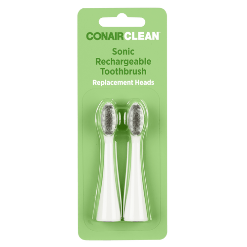 Blister-pack on green card showing two ConairClean sonic rechargeable toothbrush replacement heads.