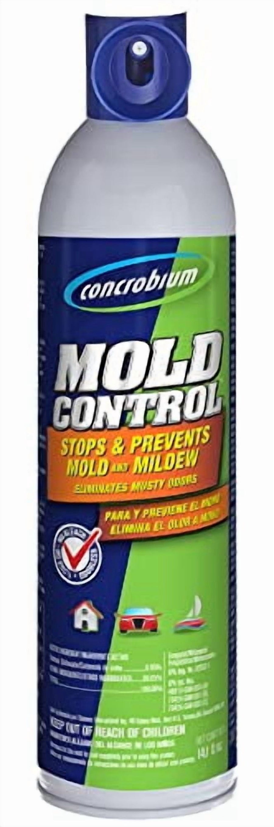 Tall aerosol can of Concrobium Mold Control with green and navy label and spray nozzle