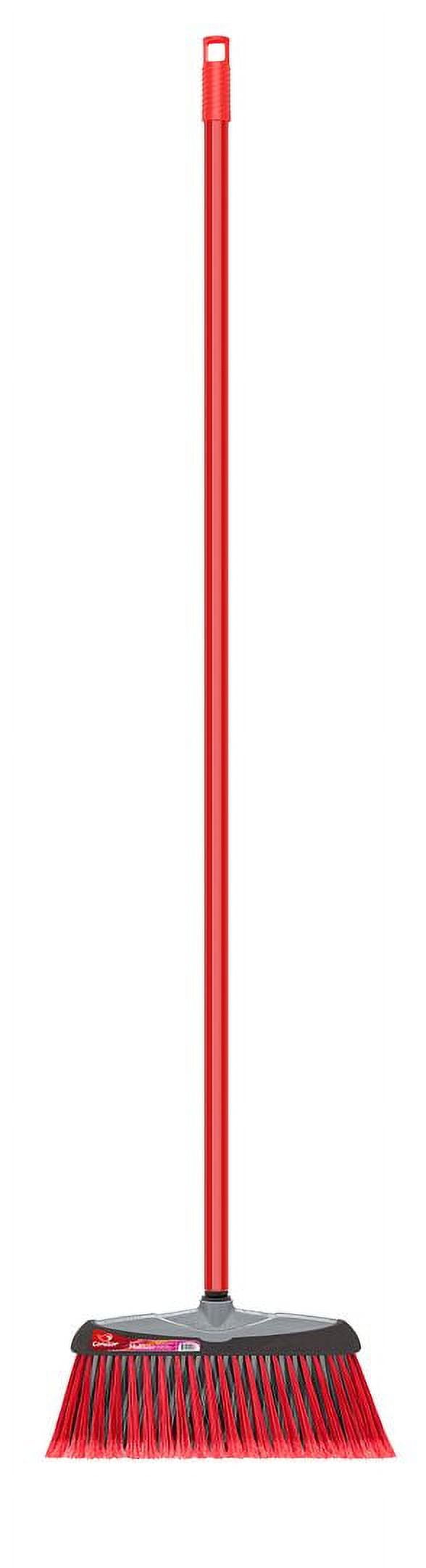 Full-length red-handled Condor broom with rectangular grey head and red bristles on white background