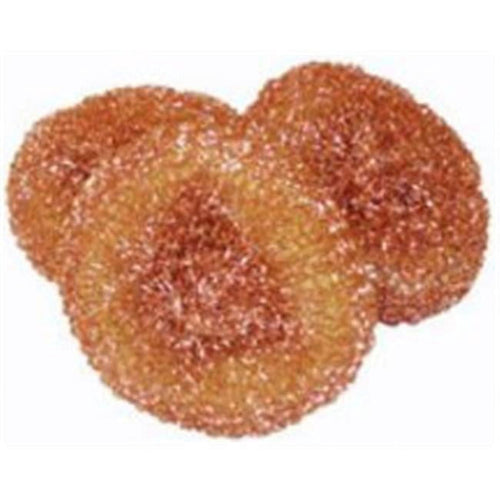 Three round copper-coloured metal mesh scouring pads arranged on a white background, close-up texture visible