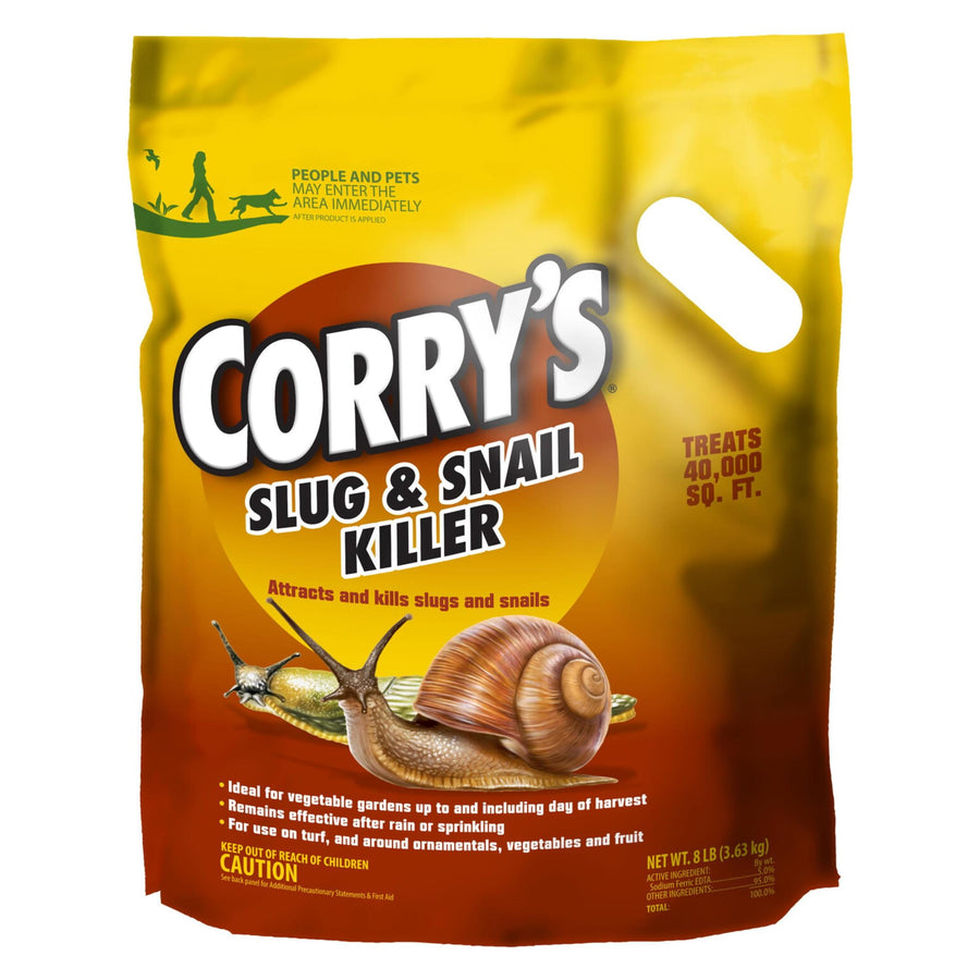 Yellow and brown Corry's branded resealable bag of slug and snail killer with large snail illustration and product name