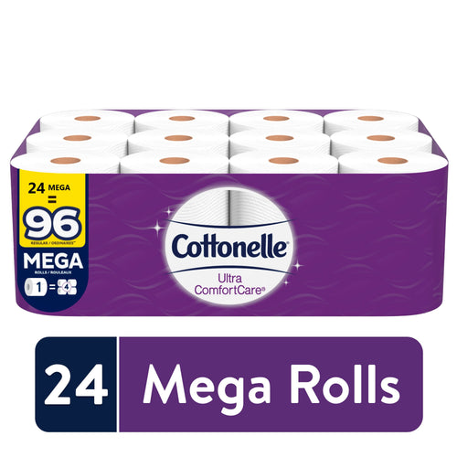 Packaged Cottonelle Ultra ComfortCare purple-wrapped tray showing 24 mega toilet paper rolls and Cottonelle logo