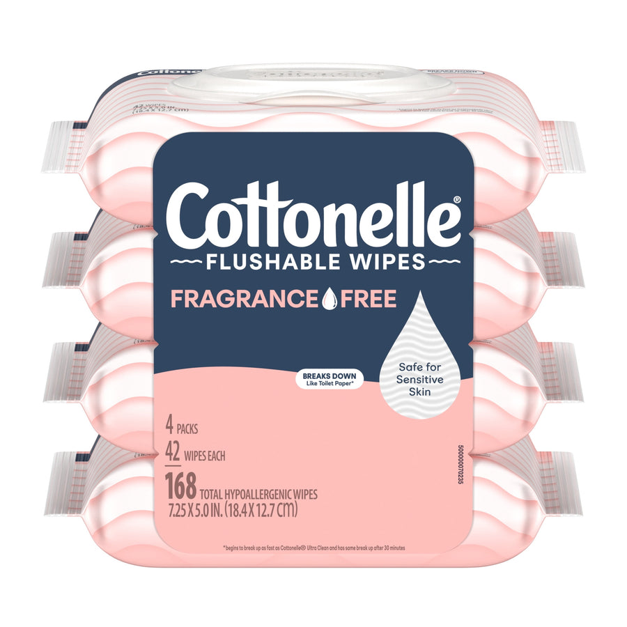 Four-pack stack of Cottonelle Fragrance-Free flushable wipes showing brand label and product details