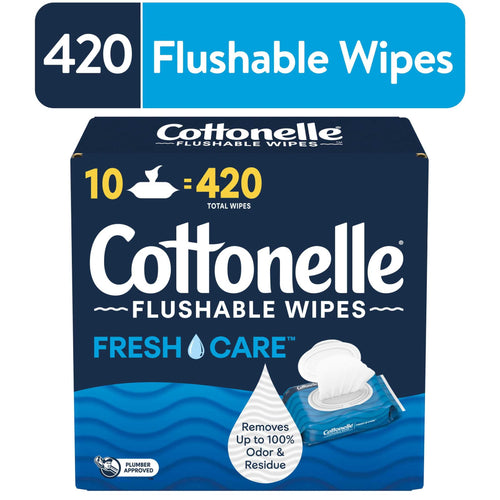 Dark blue Cottonelle Fresh Care flushable wipes box showing '10 = 420' total wipes and product branding