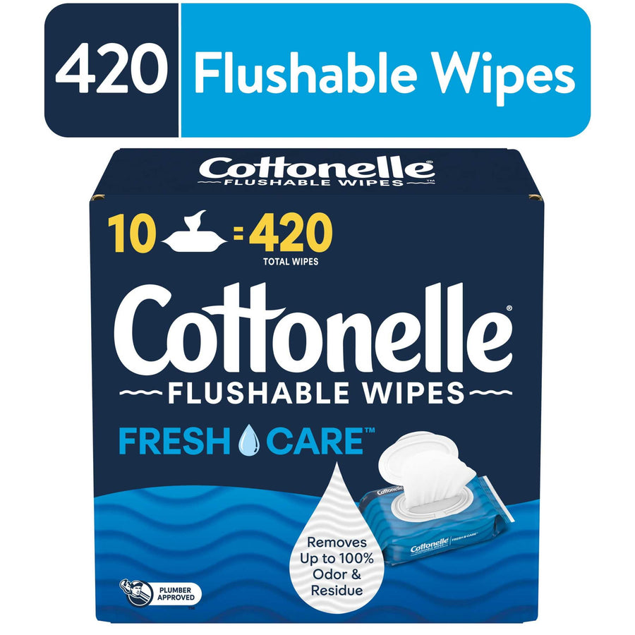 Dark blue Cottonelle Fresh Care flushable wipes box showing '10 = 420' total wipes and product branding