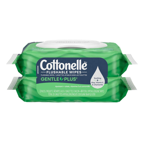 Two stacked green Cottonelle GentlePlus flushable wipes packs with a white flip-top lid and product branding on the front