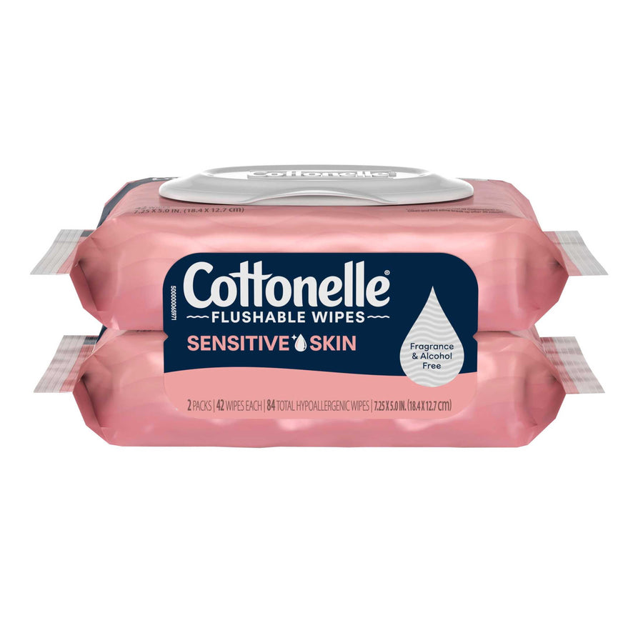 Two stacked pink Cottonelle sensitive skin flushable wipes packs shown on a white background