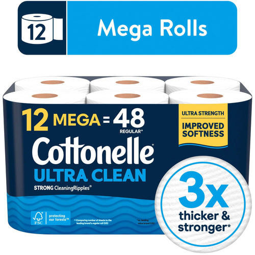 Packaged Cottonelle Ultra Clean toilet paper showing 12 mega = 48 regular graphic and 3x thicker & stronger badge