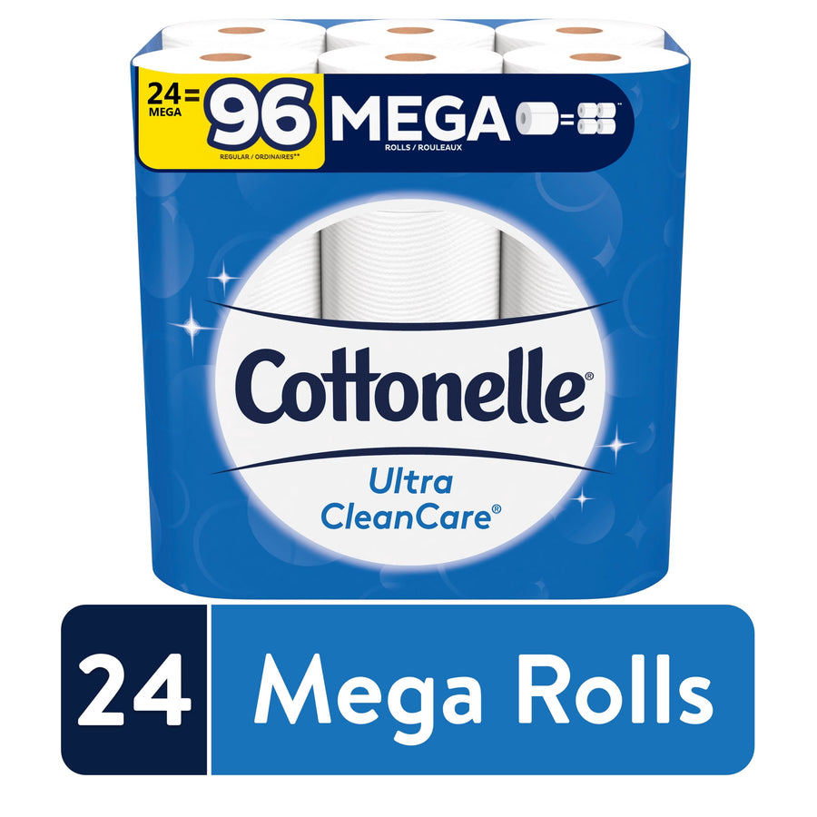 Blue Cottonelle Ultra CleanCare package showing visible white toilet paper rolls and '24 Mega Rolls' badge