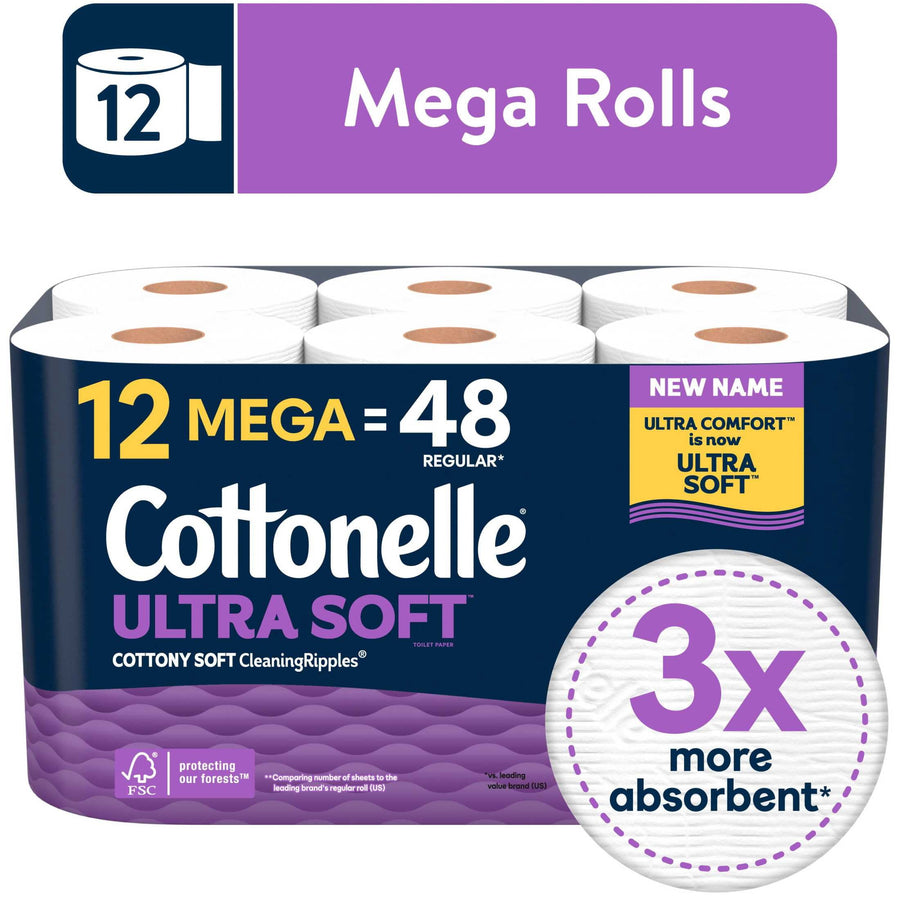 Packaged Cottonelle Ultra Soft toilet paper package showing six visible rolls and branding with 3x absorbent badge