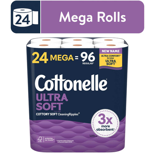 Package of Cottonelle Ultra Soft toilet paper with purple design showing '24 mega = 96 regular' and 3x absorbent badge