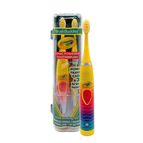 Crayola Brush Buddies sonic toothbrush in colorful handle shown next to its clear retail packaging on a white background.