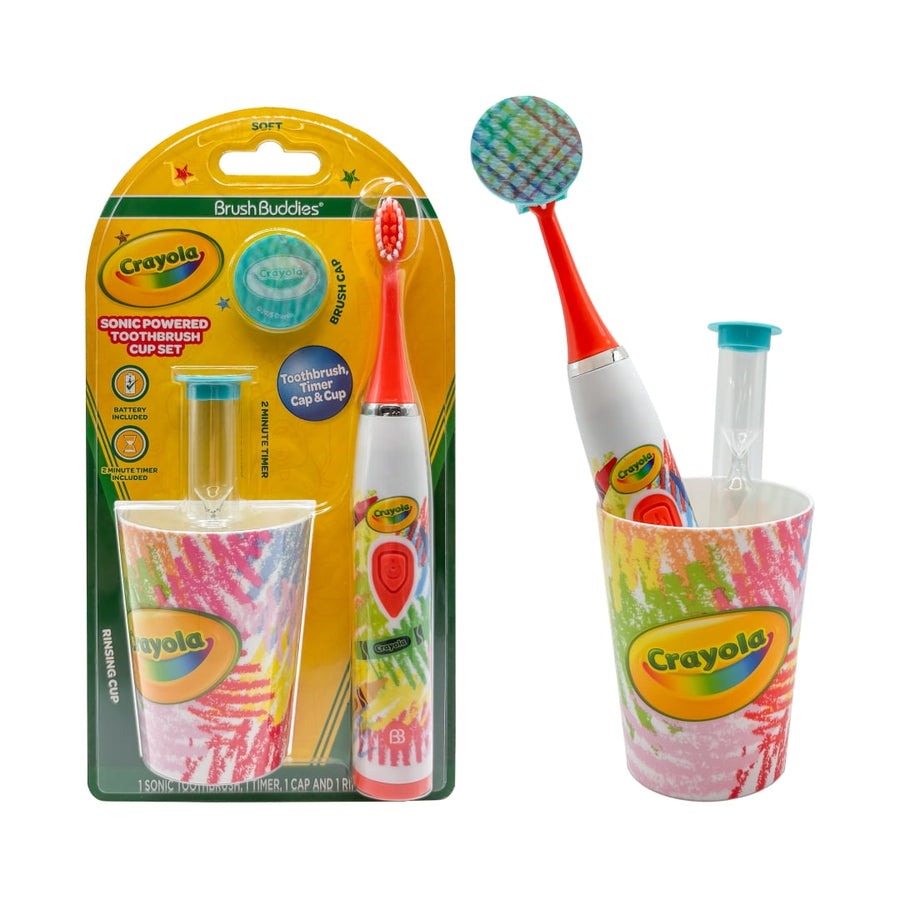 Crayola Brush Buddies sonic toothbrush set in blister pack with rinse cup and holographic travel cap