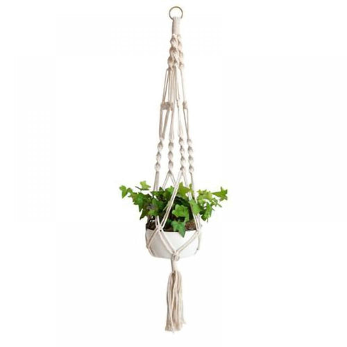 Full view of a cream macramé hanger holding a white pot with trailing green ivy against a white background.