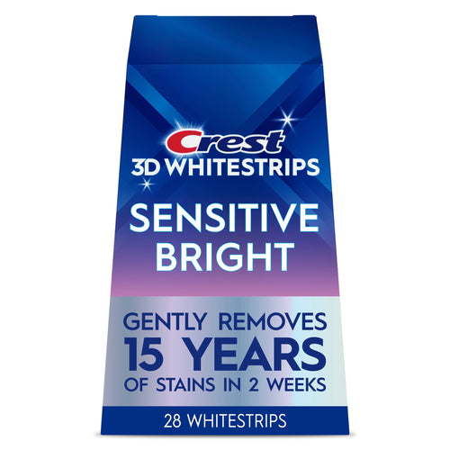 Crest 3D Whitestrips Sensitive Bright product box showing "Sensitive Bright" branding and "28 Whitestrips" claim on a blue gradient background.