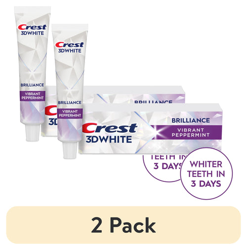 Two Crest 3D White Brilliance Vibrant Peppermint toothpaste tubes with two product boxes and a '2 Pack' label