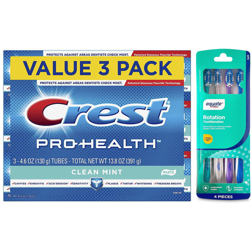 Crest Pro-Health value 3-pack toothpaste box alongside an Equate Rotation toothbrush 4-piece blister pack