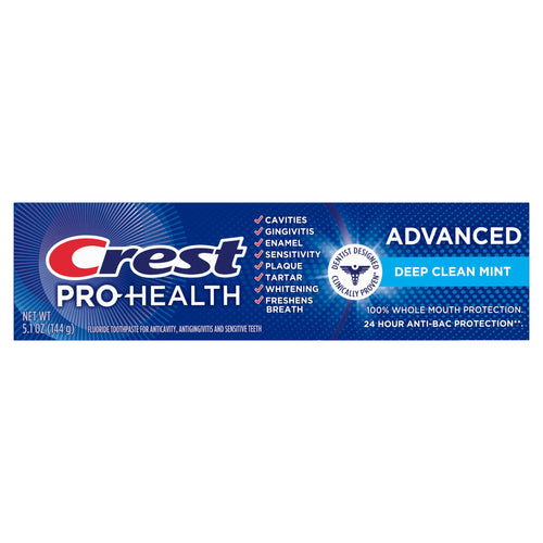 Crest Pro-Health Advanced Deep Clean Mint toothpaste retail box with Crest logo and product claims on a blue label.