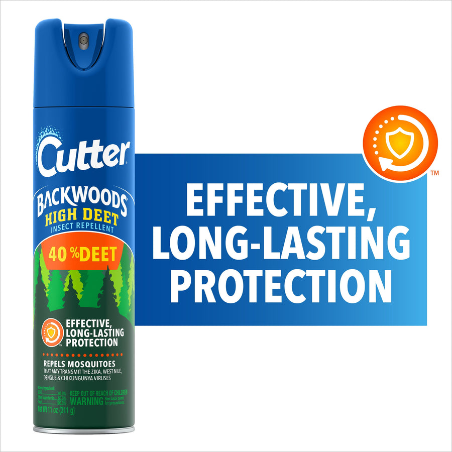 Blue Cutter Backwoods aerosol can showing 40% DEET label and 'Effective, long-lasting protection' graphic on white background.