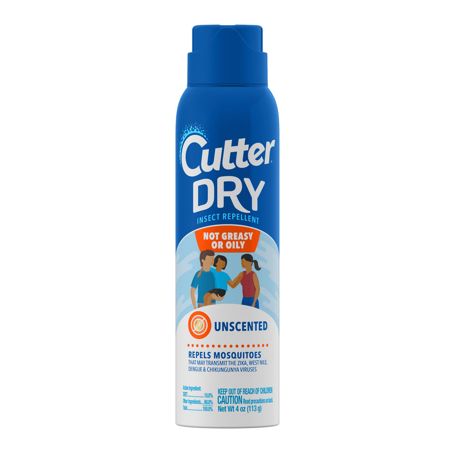 Tall blue aerosol can of Cutter Dry insect repellent with unscented label and family illustration