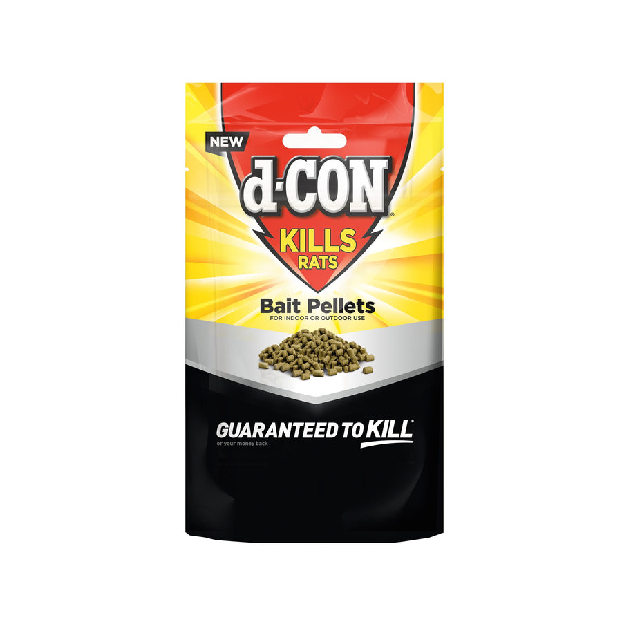 Single d-CON bait pellets resealable pouch showing brand logo, pellets image and 'Guaranteed to Kill' text on yellow and black packaging.