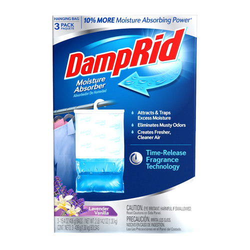 Front-facing DampRid hanging moisture absorber box with lavender vanilla label and product illustration