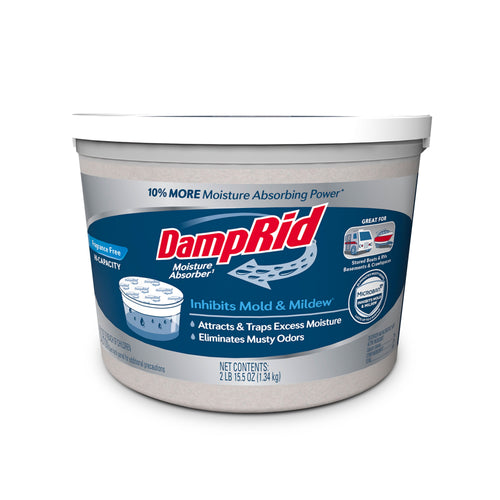 White plastic DampRid hi-capacity moisture absorber tub with blue label and sealed foil lid, frontal product shot