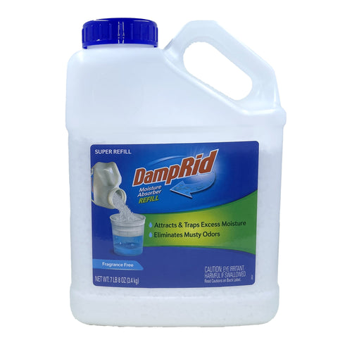 White plastic jug of DampRid moisture absorber refill with blue label and handle, front view on white background