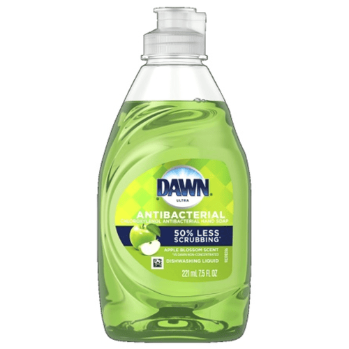 Clear plastic bottle of green Dawn Ultra antibacterial dish liquid showing label with logo, apple graphic and pump-style cap.