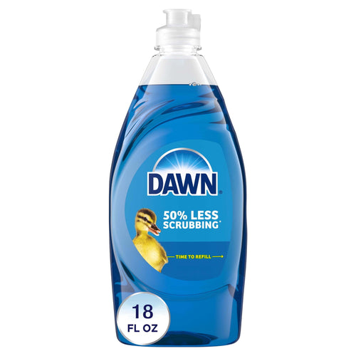 Single clear bottle of Dawn dish soap with blue liquid, duck logo and 18 fl oz callout