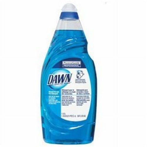 Clear blue Dawn dishwashing liquid in a contoured plastic bottle with a white and blue flip-top cap and visible label
