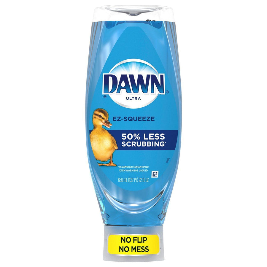 Upside-down Dawn Ultra EZ-Squeeze bottle with duck logo and “50% less scrubbing” label