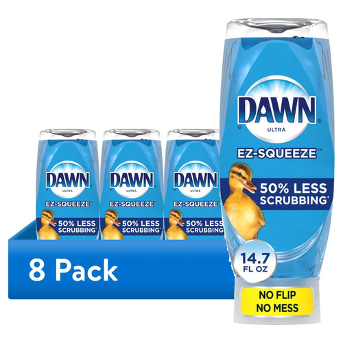 Tray of multiple Dawn EZ-Squeeze bottles with one large bottle in front and '8 Pack' printed on blue base