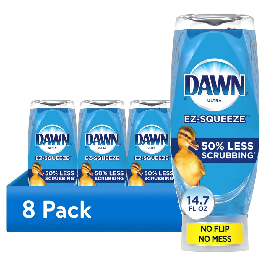 Tray of multiple Dawn EZ-Squeeze bottles with one large bottle in front and '8 Pack' printed on blue base