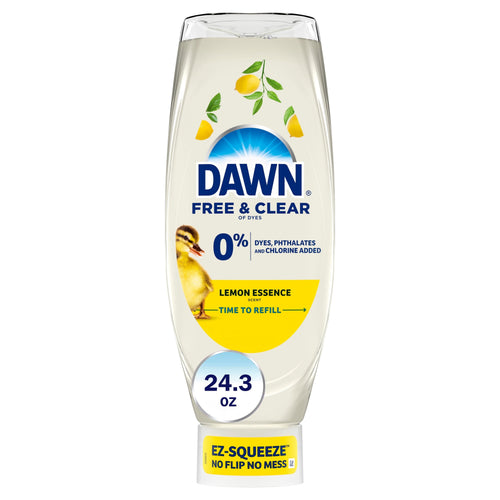 Clear upside-down Dawn Free & Clear bottle with lemon graphics and a duckling on label