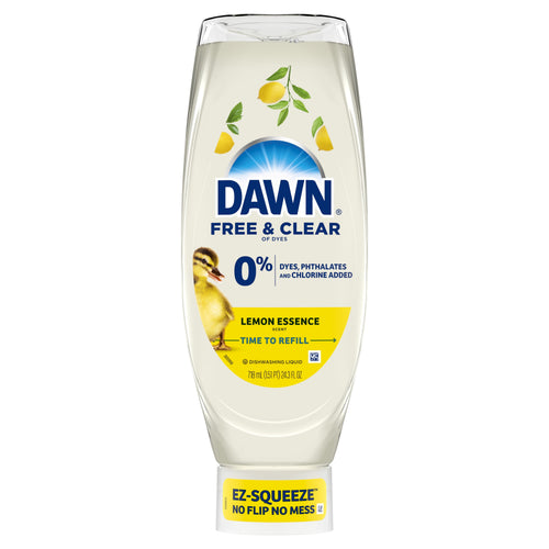 Clear upside-down Dawn Free & Clear lemon dish soap bottle with lemon label and EZ‑Squeeze cap