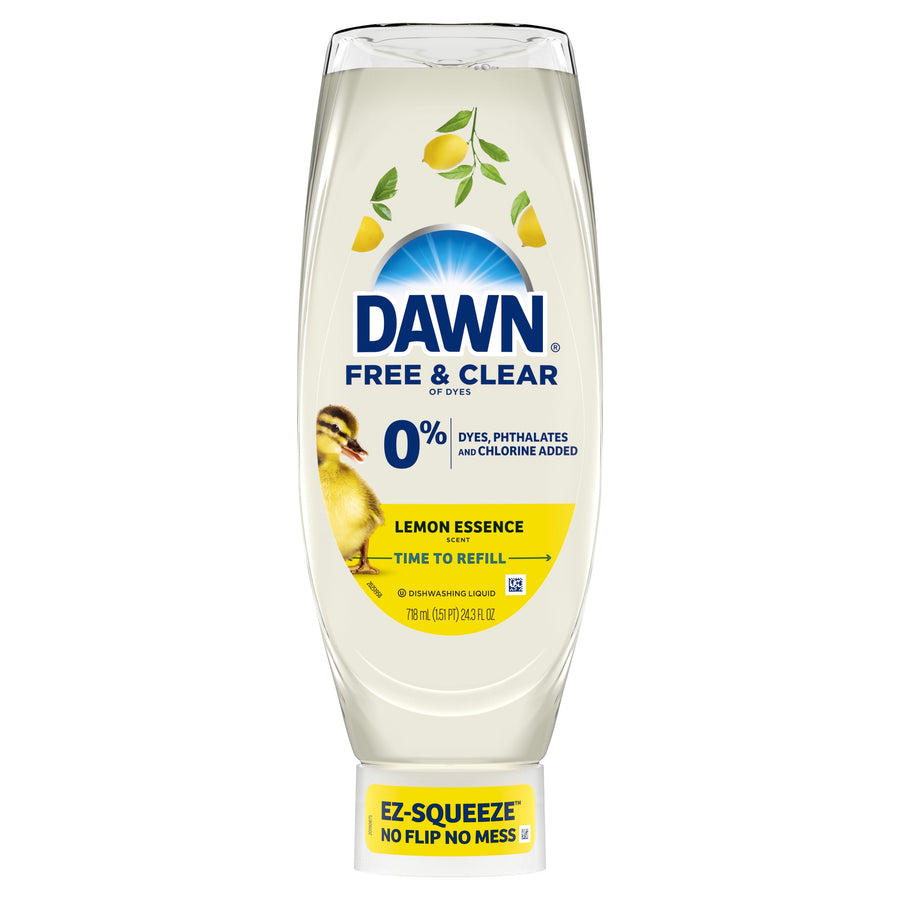Clear upside-down Dawn Free & Clear lemon dish soap bottle with lemon label and EZ‑Squeeze cap