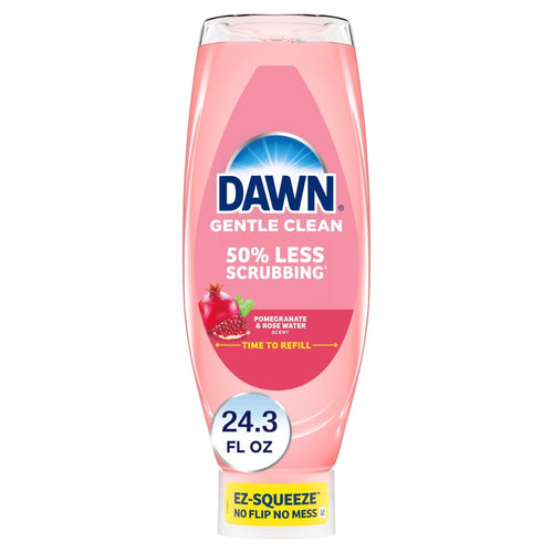Upside-down pink Dawn Gentle Clean EZ-Squeeze bottle labeled pomegranate & rose water scent with 24.3 fl oz callout